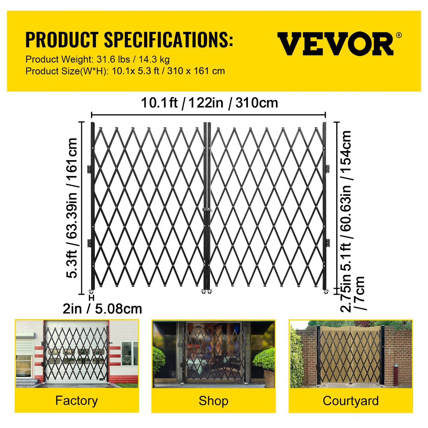 Double Folding Security Gate Folding Door Gate 5.1' H x 10.2' W Scissor Gate
