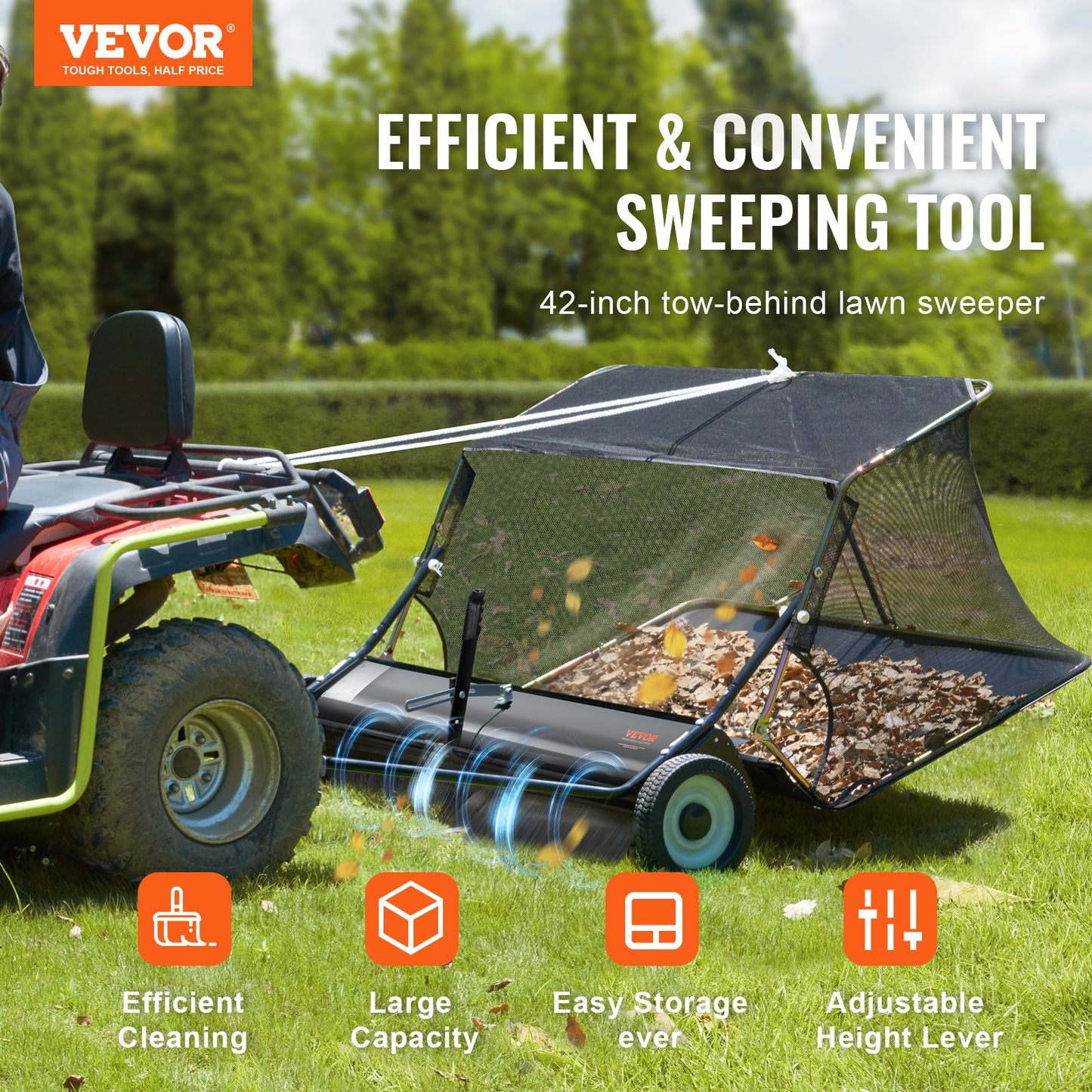 106.6 cm Lawn Sweeper Tow Behind, 12 cu.ft. Large Pull Behind Grass Sweeper, Heavy Duty Leaf & Grass Collector with Dumping Rope Design, Adjustable Sweeping Height for Picking Up Debris & Grass