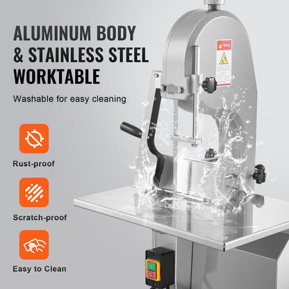 Commercial Electric Meat Bandsaw, 1800W Stainless Steel Countertop Bone Sawing Machine, 380 x 485 mm Workbench, 180 mm Max Cutting Thickness, Frozen Meat Cutter with 5 Blades for Rib Pork Beef