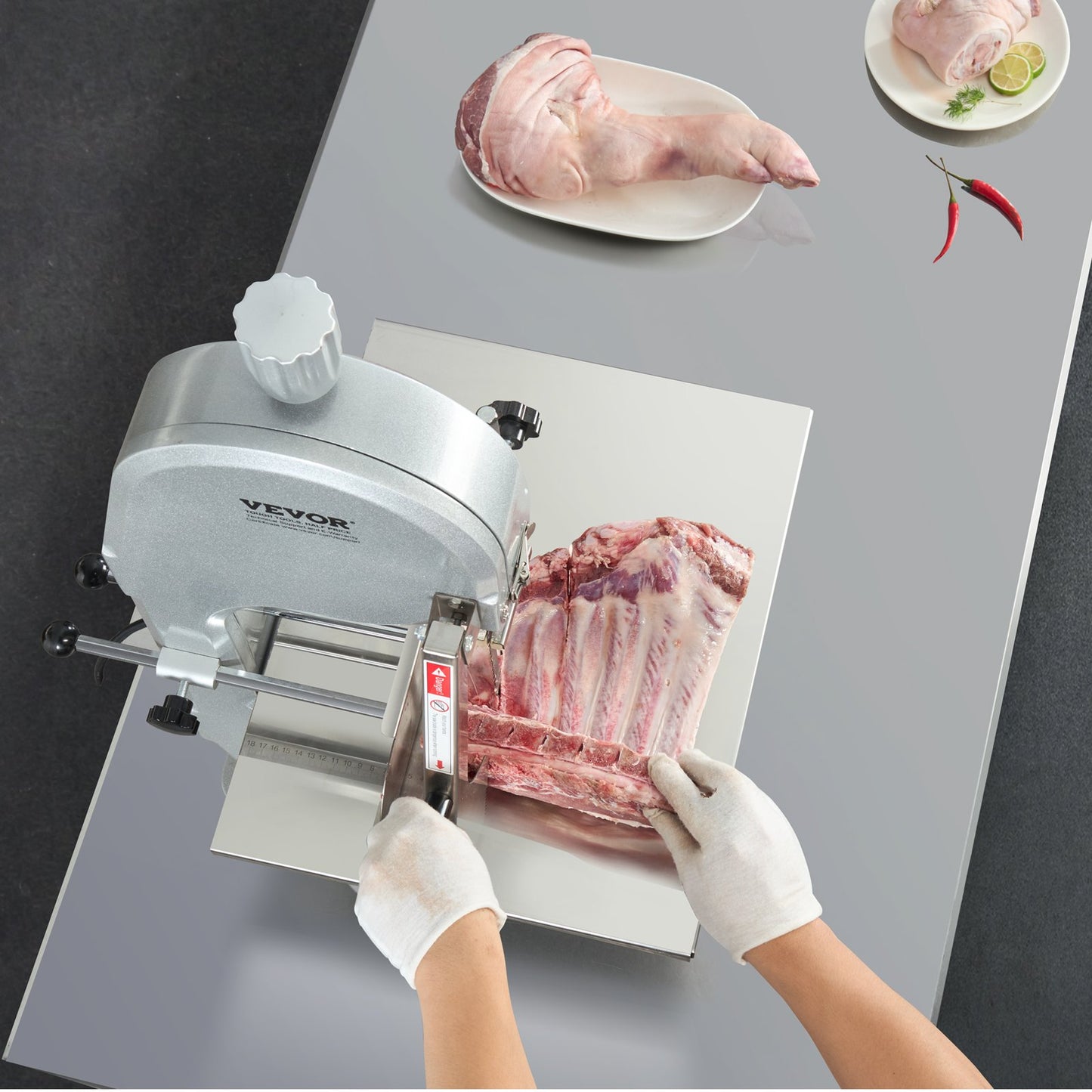 Commercial Electric Meat Bandsaw, 1800W Stainless Steel Countertop Bone Sawing Machine, 380 x 485 mm Workbench, 180 mm Max Cutting Thickness, Frozen Meat Cutter with 5 Blades for Rib Pork Beef