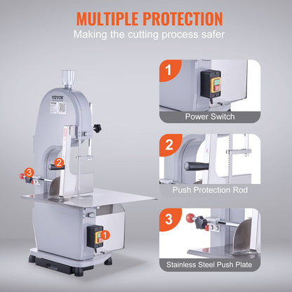 Commercial Electric Meat Bandsaw, 1100W Stainless Steel Countertop Bone Sawing Machine, Workbeach 19.3" x 15", 0.16-7.9 Inch Cutting Thickness, Frozen Meat Cutter with 6 Blades for Rib Pork Beef