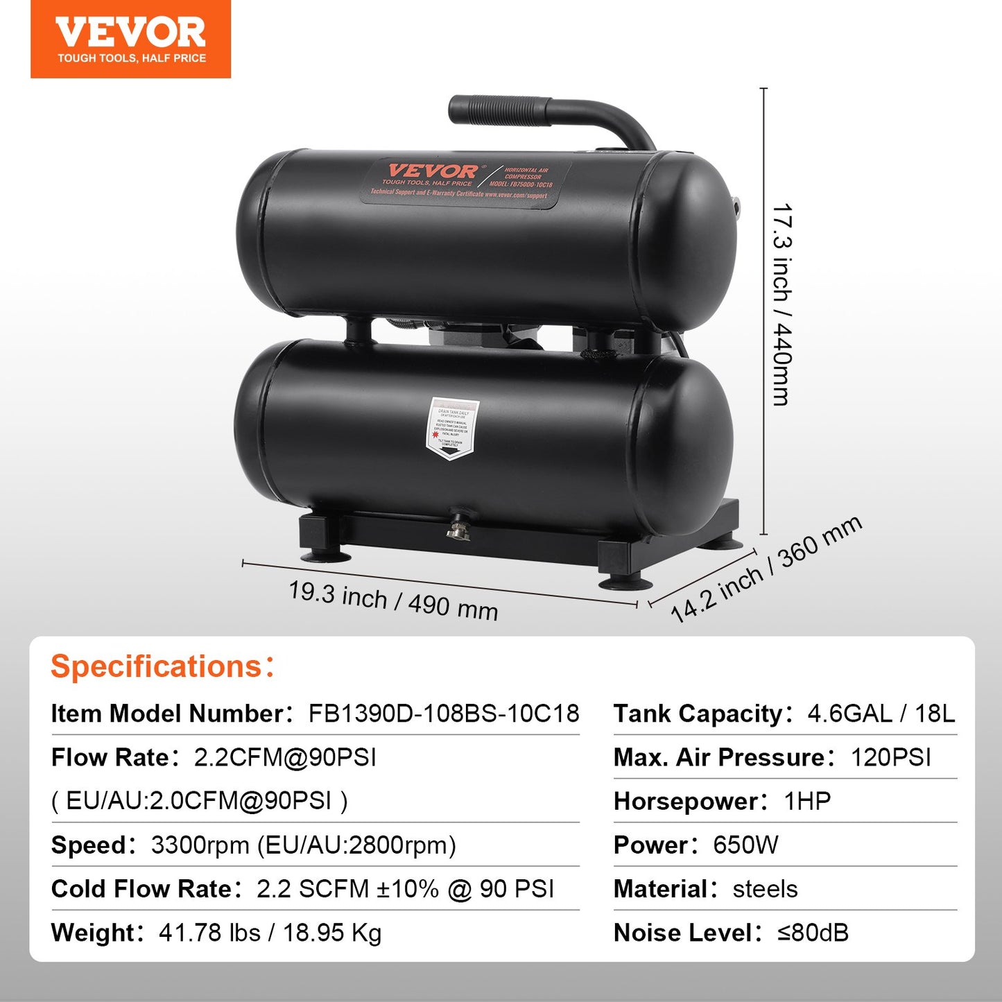 Air Compressor Compact Portable Oil Free Compressor 18L 90 PSI