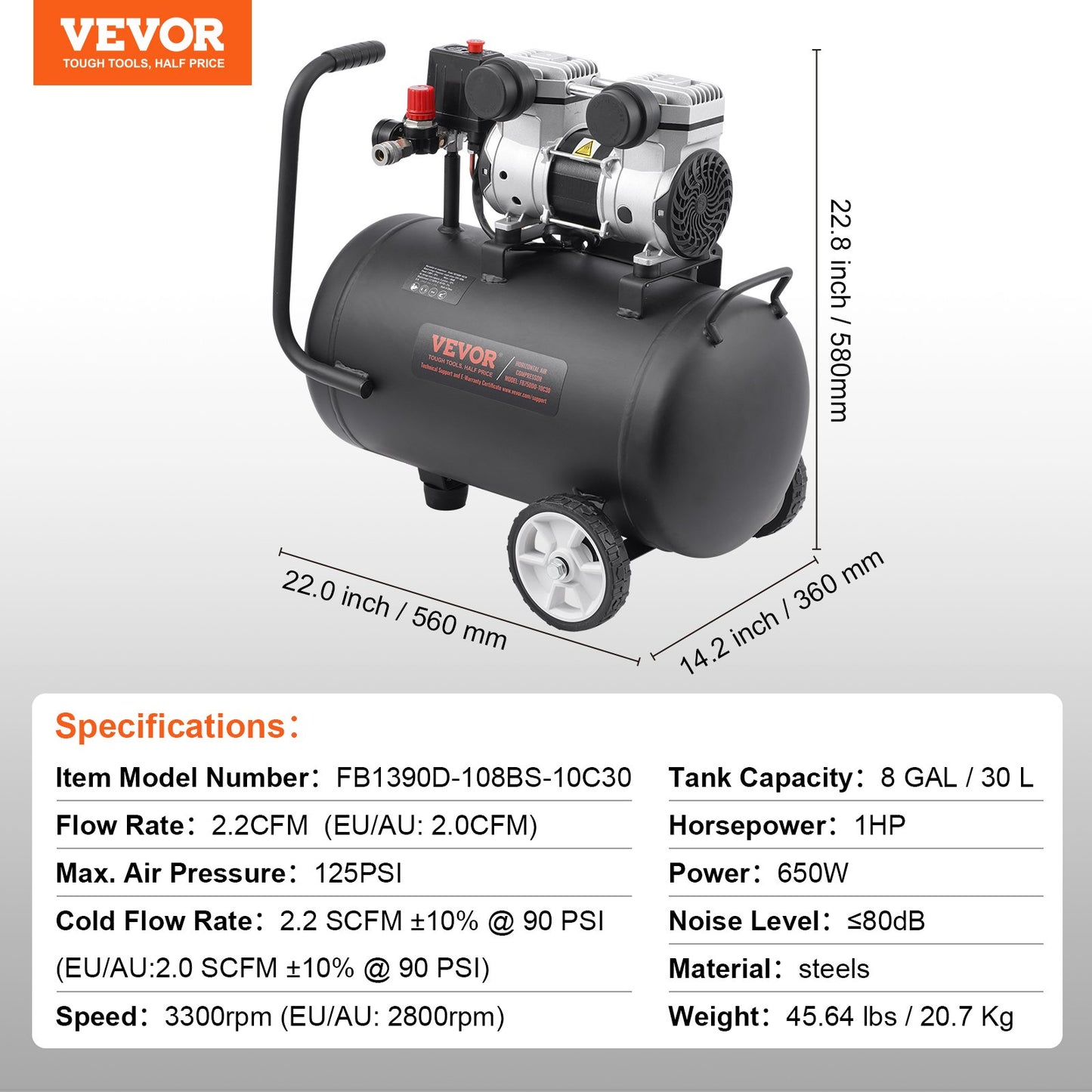 Air Compressor Compact Portable Oil Free Compressor 30L 90 PSI