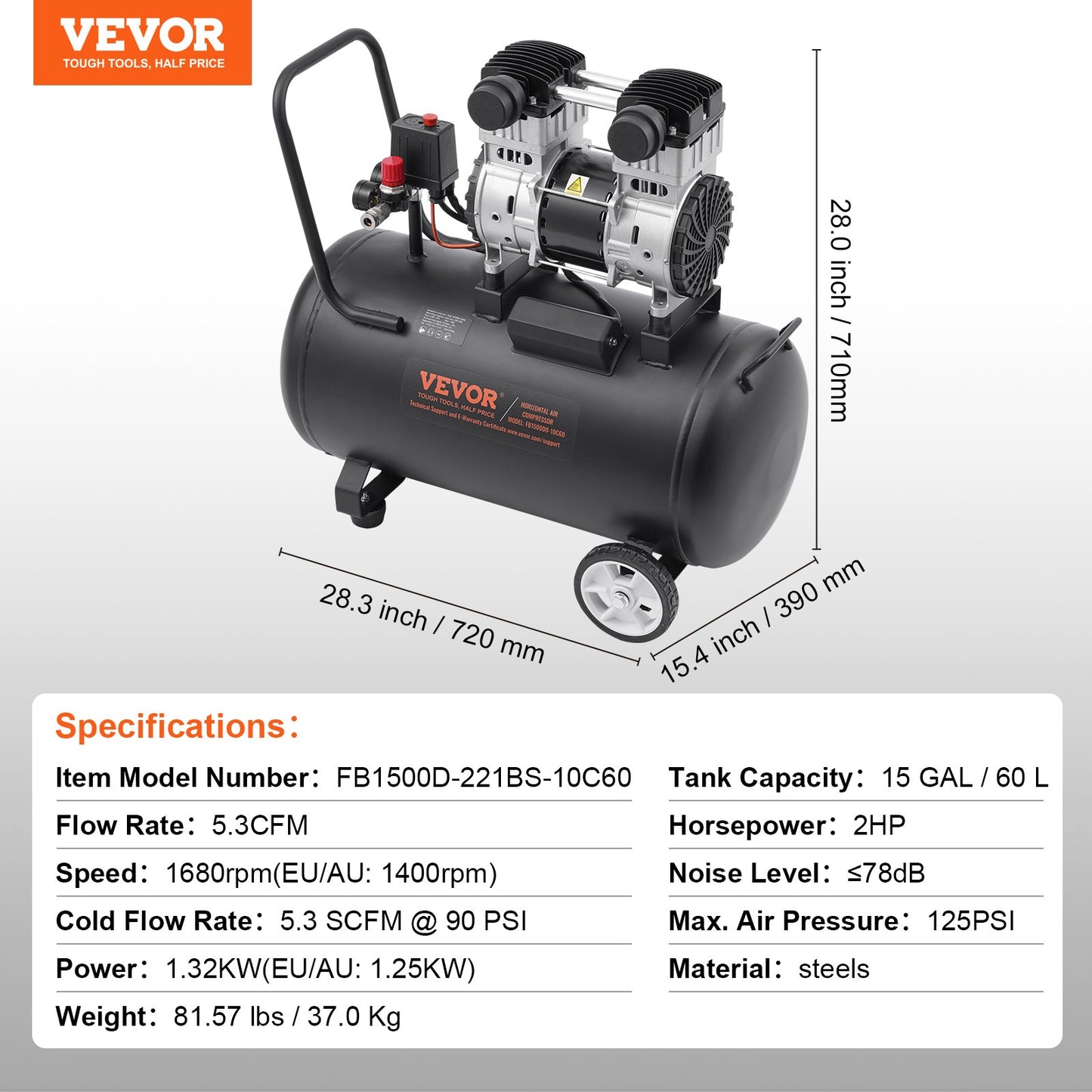 Air Compressor Compact Portable Oil Free Compressor 60L 90 PSI