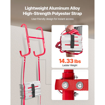 Fire Escape Ladder, 3-Story 7.62m Retractable Emergency Fire Ladder, Lightweight Aluminum Alloy Safety Escape Ladders with Sturdy Polyester Strap, Anti-Slip Rung & Wide Steps, 453KG Max Loading