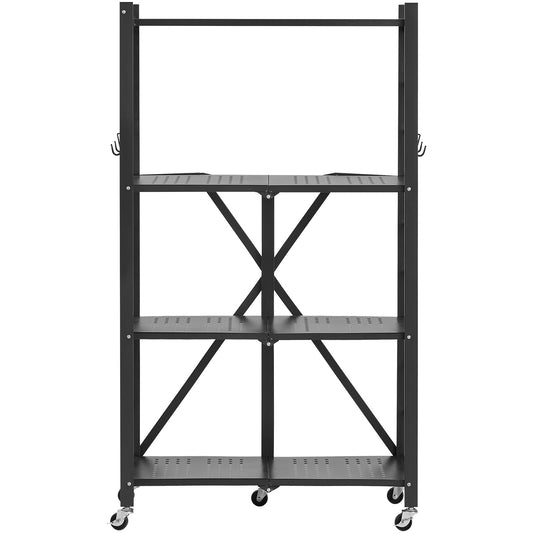 VEVOR 4-Tier Foldable Storage Shelf with Wheels, 66 cm W x 33 cm D x 117 cm H Folding Metal Rack Shelving Unit, No Assembly Organizer Shelf for Garage, Kitchen, Basement, Black