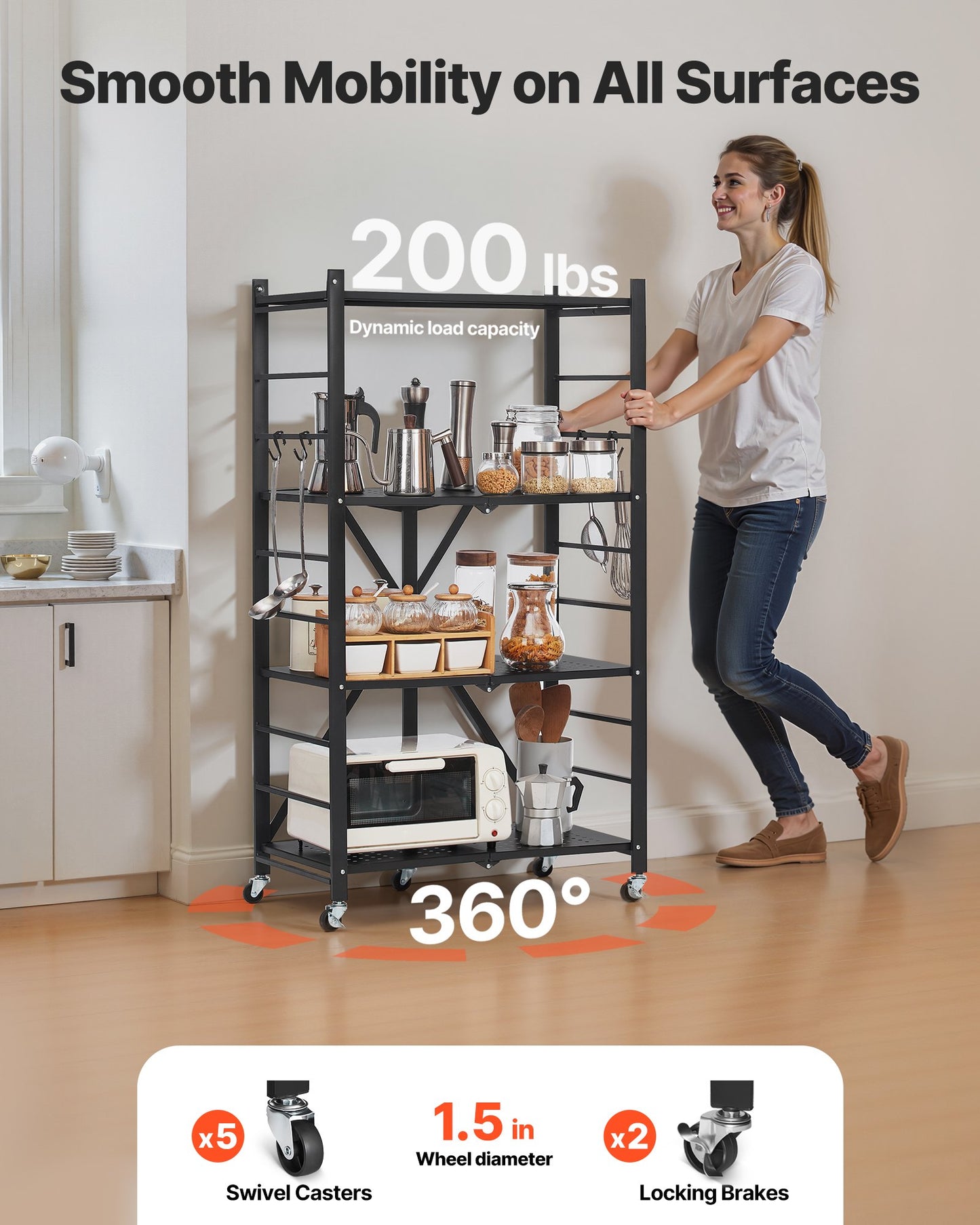 VEVOR 4-Tier Foldable Storage Shelf with Wheels, 66 cm W x 33 cm D x 117 cm H Folding Metal Rack Shelving Unit, No Assembly Organizer Shelf for Garage, Kitchen, Basement, Black