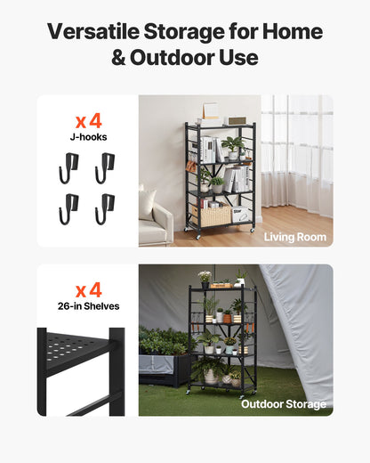 VEVOR 4-Tier Foldable Storage Shelf with Wheels, 66 cm W x 33 cm D x 117 cm H Folding Metal Rack Shelving Unit, No Assembly Organizer Shelf for Garage, Kitchen, Basement, Black