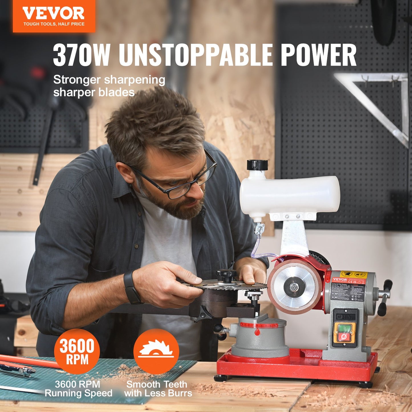 Circular Saw Blade Sharpener, 370W Saw Blade Grinding with Water Injection, Water Injection Circular Saw Blade Sharpening & 6 Saw Centerings, 5-inch Grinding Wheel for Carbide Tipped Saw Blades