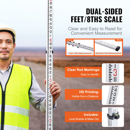 Aluminum Grade Rod, 14-Feet/8ths 4 Sections Telescopic Measuring Rod, Double-Sided Scale 1/8in Leveling Rod Stick, Aluminum Alloy Survey Rod w/ Bubble Level &Carrying Bag for Houses,Walls,Floors