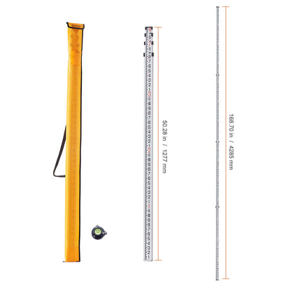 Aluminum Grade Rod, 14-Feet/8ths 4 Sections Telescopic Measuring Rod, Double-Sided Scale 1/8in Leveling Rod Stick, Aluminum Alloy Survey Rod w/ Bubble Level &Carrying Bag for Houses,Walls,Floors