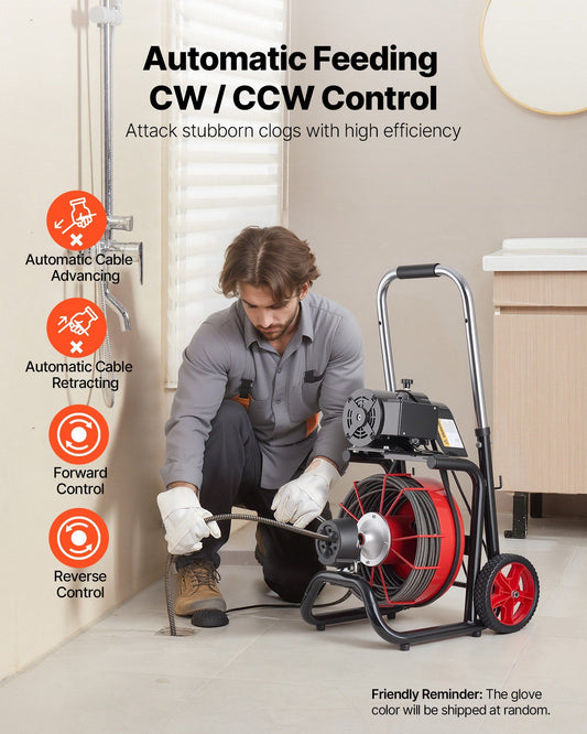 Drain Cleaner Machine 30m x 13mm, Auto Feed Sewer Snake Auger on Wheels - with 8 Cutters & Air-Activated Foot Switch for 50mm to 150mm Pipes