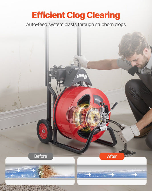 Drain Cleaner Machine 30m x 19mm, Auto Feed Sewer Snake Auger on Wheels, Portable Drain Cleaning Machine with 4 Cutters & Air-activated Foot Switch for 100mm to 200mm Pipes