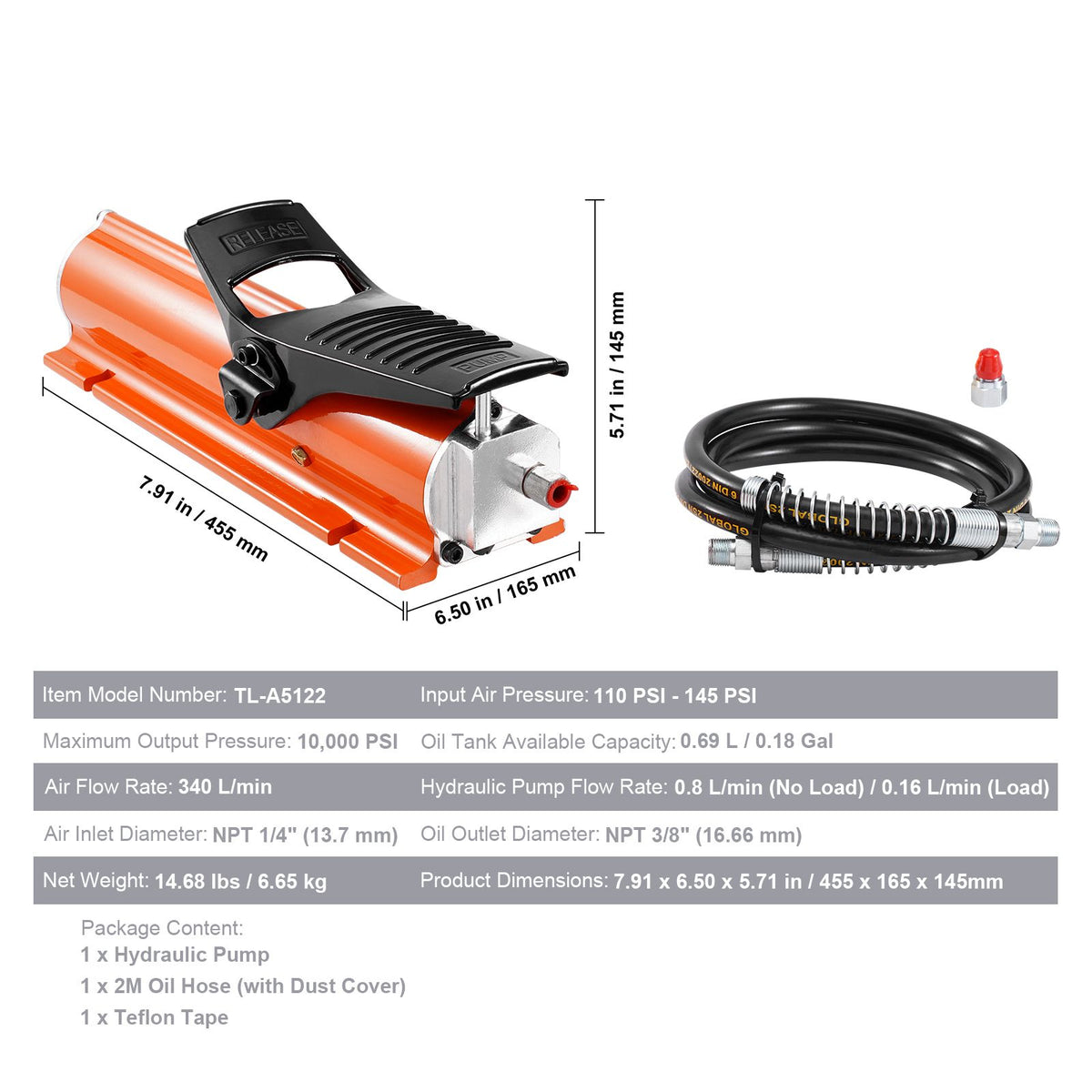 10,000PSI Air Hydraulic Pump, 0.18 Gal Reservoir, NPT 3/8 In Oil Outlet, NPT 1/4 In Inlet, Metal Shell Air Actuated Treadle Foot Pump, for Precision Industrial Machinery & Aerospace Equipment