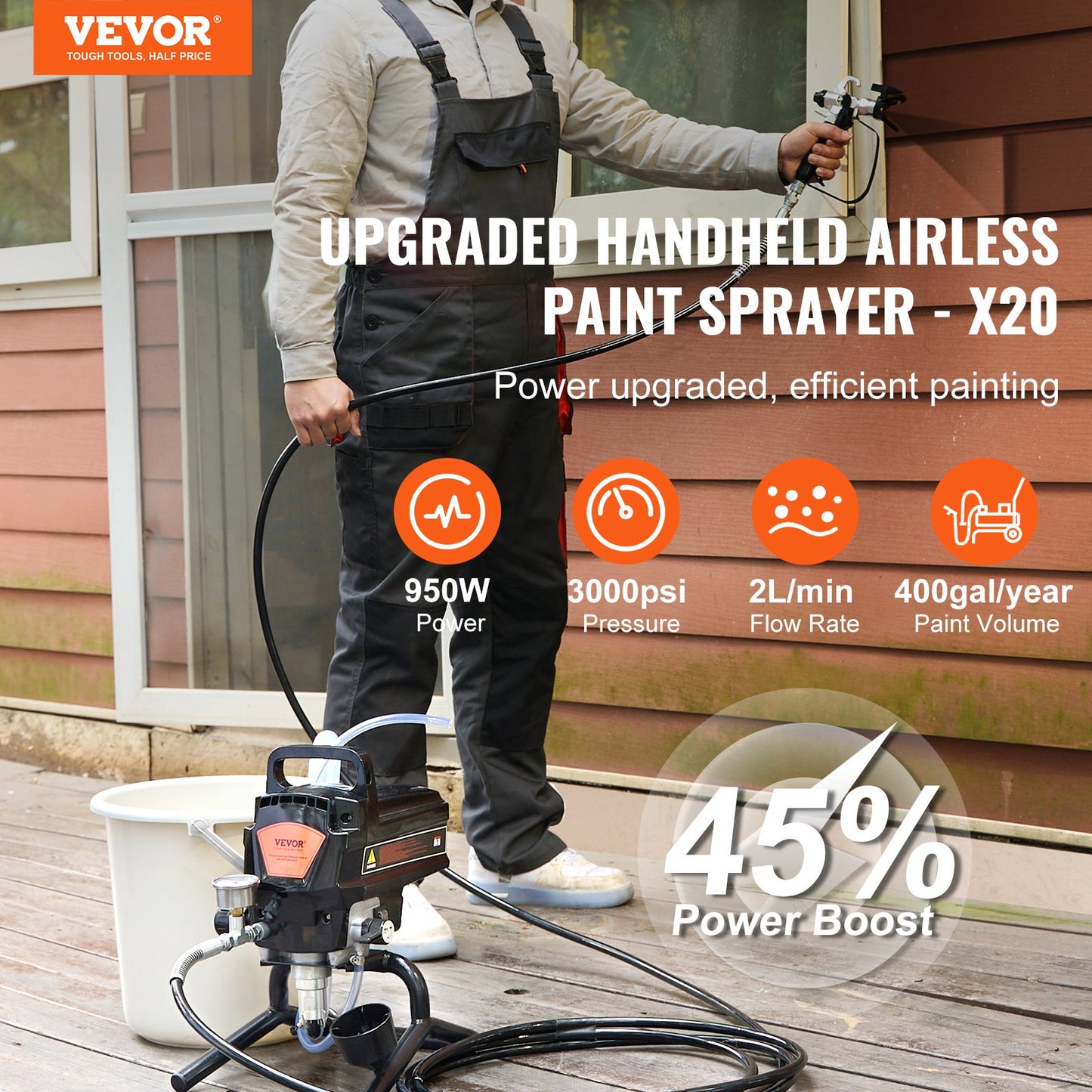 Stand Airless Paint Sprayer, 950W 3000PSI High Efficiency Electric Airless Sprayer, Fine And Even Painting Effect, Handheld Paint Sprayers for Home Interior and Exterior Furniture and Fences