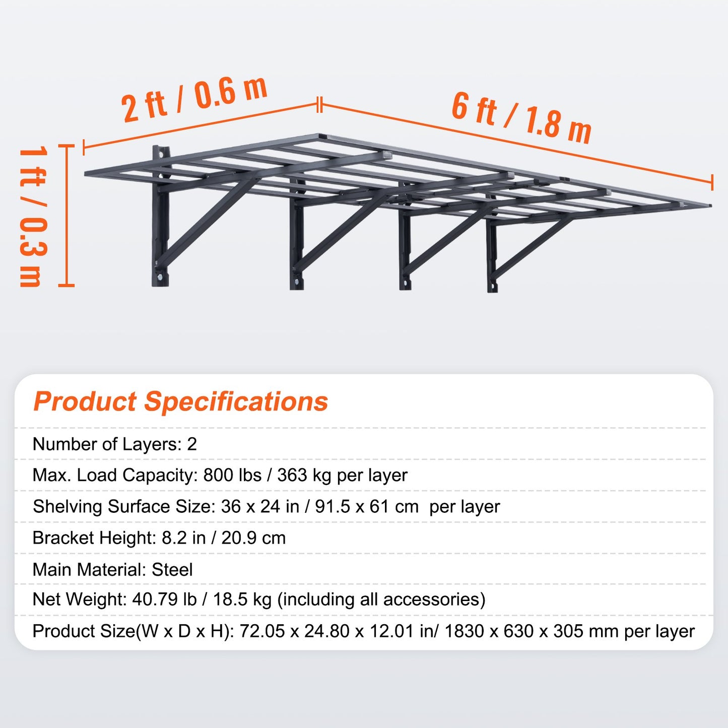 VEVOR 2PCS 72x24in Garage Storage Shelving Wall Mounted Heavy Duty Shelves Rack