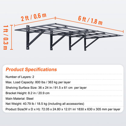 VEVOR 2PCS 72x24in Garage Storage Shelving Wall Mounted Heavy Duty Shelves Rack