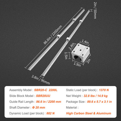 Linear Guide Rail Set, SBR20 2200mm, 2 PCS 86.6 in/2200 mm SBR20 Guide Rails and 4 PCS SBR20UU Slide Blocks, Linear Rails and Bearings Kit for Automated Machines DIY Project CNC Router Machines