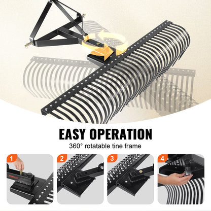 VEVOR Tow Behind Dethatcher, 1.8m Tow Dethatcher with 36 Steel Tines, 3-Point Lawn Dethatcher Rake with Attachments for Tractor, Landscape Rake for Garden, Farm, Grass