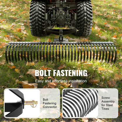 VEVOR Tow Behind Dethatcher, 1.8m Tow Dethatcher with 36 Steel Tines, 3-Point Lawn Dethatcher Rake with Attachments for Tractor, Landscape Rake for Garden, Farm, Grass
