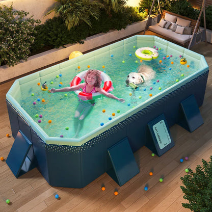 2.6m Foldable Pool PVC Non Inflatable Large Rectangle Pool Holding up to 6 People Hard Thickened Paddling Pool Easy Collapsible and Drainage 260×165×55cm